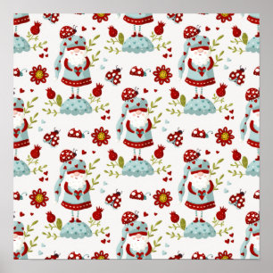 Seamless Valentine Pattern Christmas Santa, flower Poster
