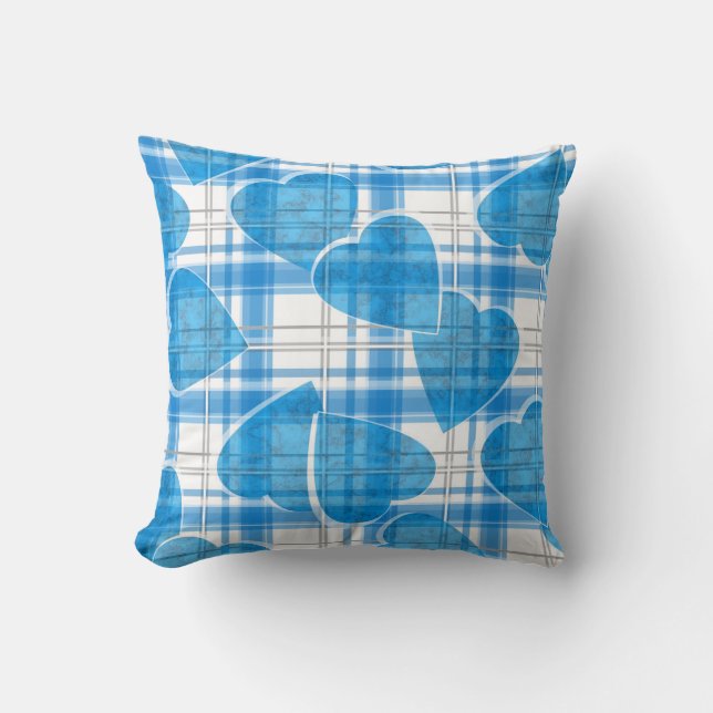 Seamless Valentines Day blue hearts chequered plai Cushion (Front)