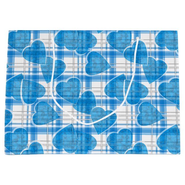 Seamless Valentines Day blue hearts chequered plai Large Gift Bag (Front)