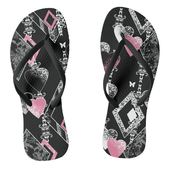 Seamless Valentines Day love black pattern hearts Flip Flops (Footbed)