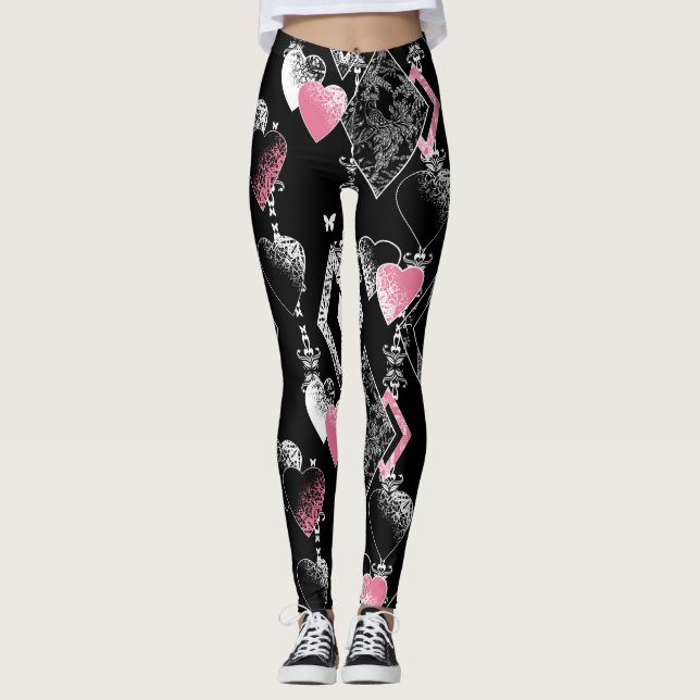 Seamless Valentines Day love black pattern hearts Leggings (Front)