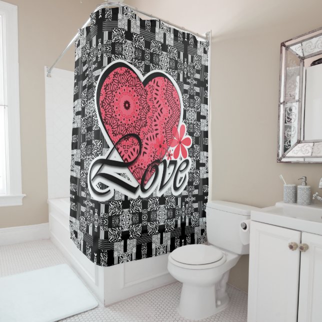 Seamless Valentine's Day Love grey white red patte Shower Curtain (In Situ)