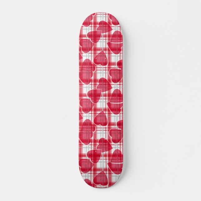 Seamless Valentines Day red hearts checkered plaid Skateboard (Front)