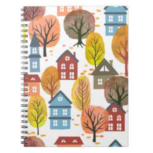 Seamless vintage autumn city pattern with watercol notebook