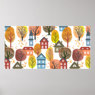 Seamless vintage autumn city pattern with watercol poster