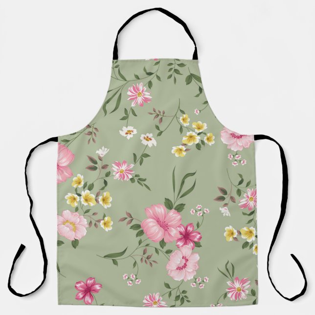Seamless vintage flower pattern on green backgroun apron (Front)