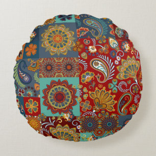 Seamless vintage patchwork tile with paisley and m round cushion