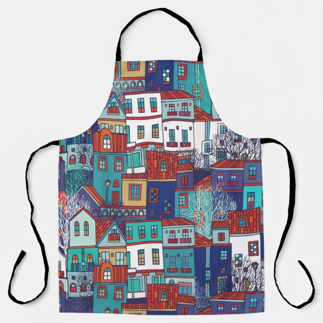 Seamless vintage pattern with colourful houses apron (Front)