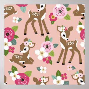 Seamless vintage pattern with cute vintage fawn on poster