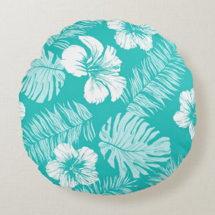 Seamless vintage pattern with leaves of tropical p round cushion