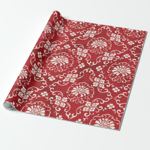 Seamless Vintage Red Chinese Background Botanic Cr Wrapping Paper