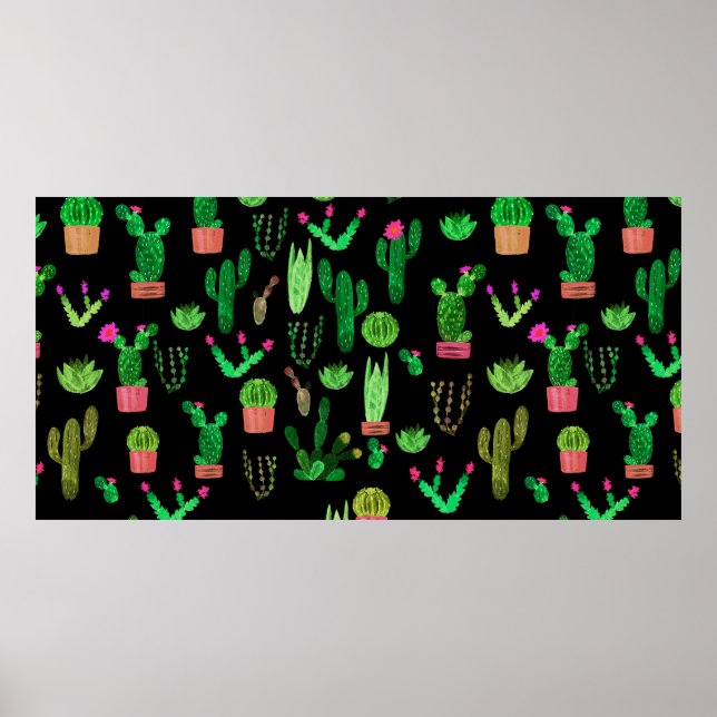 Seamless watercolor cactuses plant pattern backgro poster (Front)