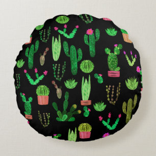 Seamless watercolor cactuses plant pattern backgro round cushion