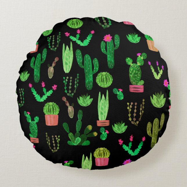 Seamless watercolor cactuses plant pattern backgro round cushion (Front)