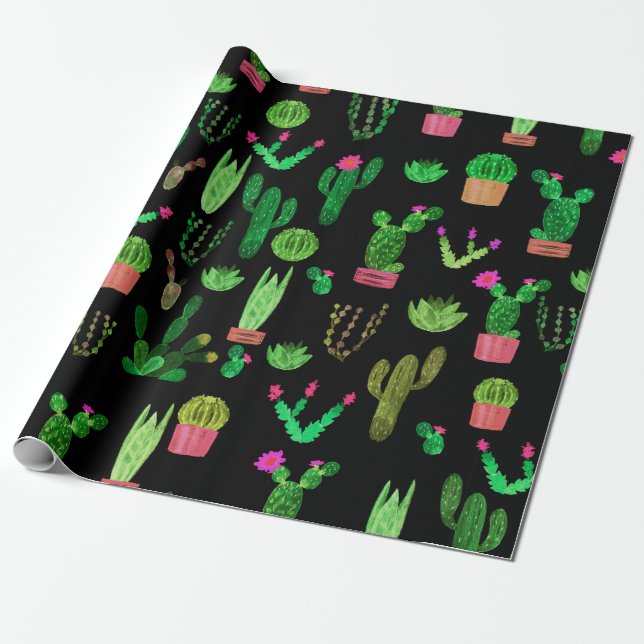 Seamless watercolor cactuses plant pattern backgro wrapping paper (Unrolled)
