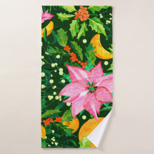 Seamless watercolor Christmas pattern with poinset Bath Towel