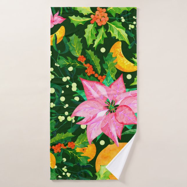 Seamless watercolor Christmas pattern with poinset Bath Towel (Bath Towel)