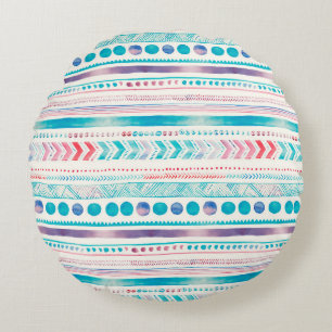 Seamless Watercolor Ethnic Tribal Ornamental Patte Round Cushion