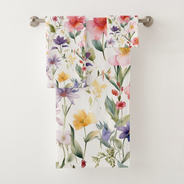Seamless watercolor flowers pattern bath towel set (Insitu)