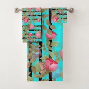Seamless watercolor flowers pink roses floral roma bath towel set