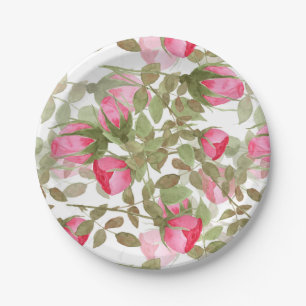 Seamless watercolor flowers pink roses floral roma paper plate