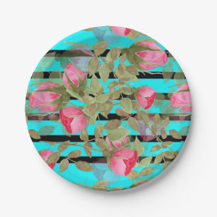 Seamless watercolor flowers pink roses floral roma paper plate