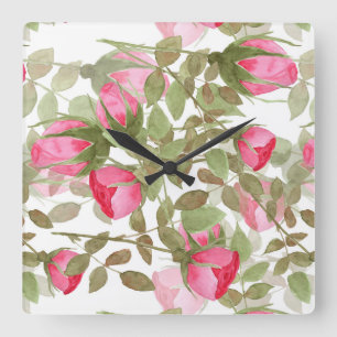Seamless watercolor flowers pink roses floral roma square wall clock