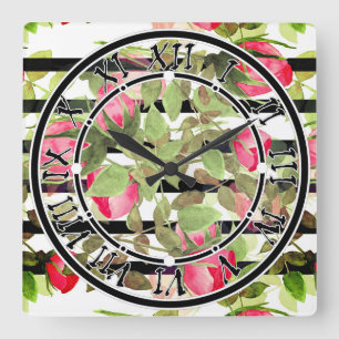 Seamless watercolor flowers pink roses floral roma square wall clock