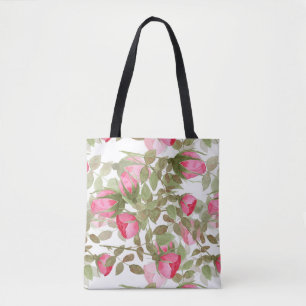 Seamless watercolor flowers pink roses floral roma tote bag
