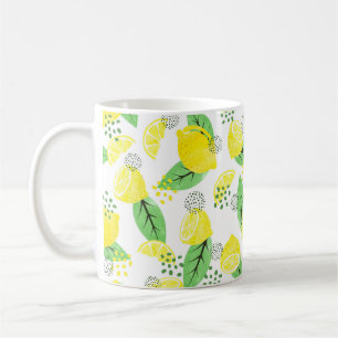Seamless watercolor lemon pattern with fruits and coffee mug