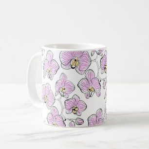 Seamless watercolor orchids phalaenopsis flowers w coffee mug