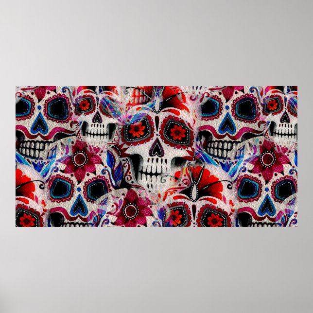 Seamless watercolor pattern of sugar skulls.  poster (Front)