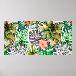 Seamless watercolor pattern of tropical leaves.  poster