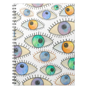 Seamless watercolor pattern of wide open human eye notebook
