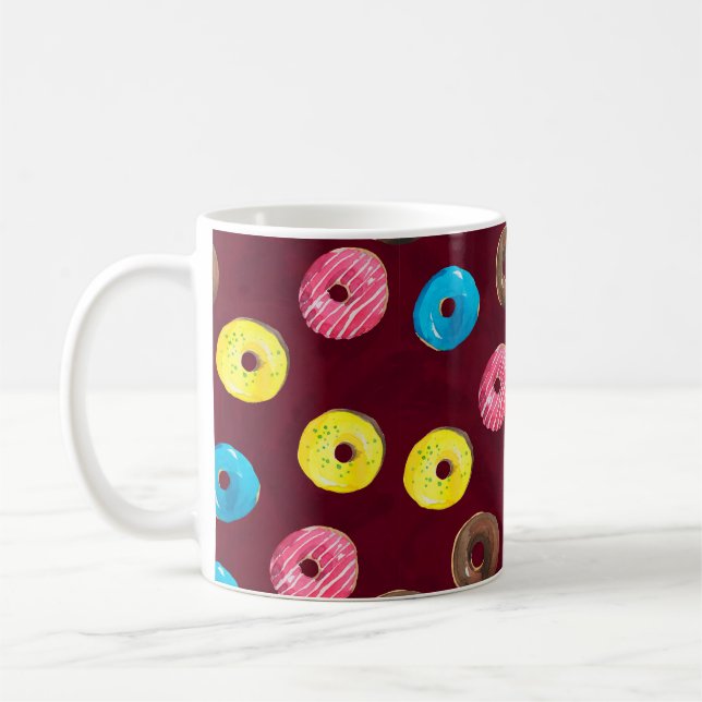 Seamless watercolor pattern with doughnuts on ruby coffee mug (Left)