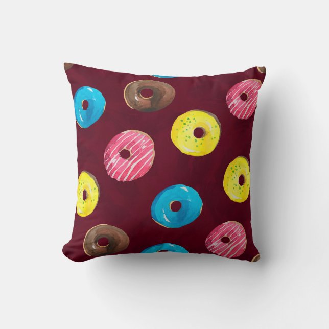 Seamless watercolor pattern with doughnuts on ruby cushion (Front)