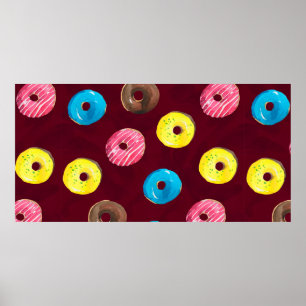 Seamless watercolor pattern with doughnuts on ruby poster