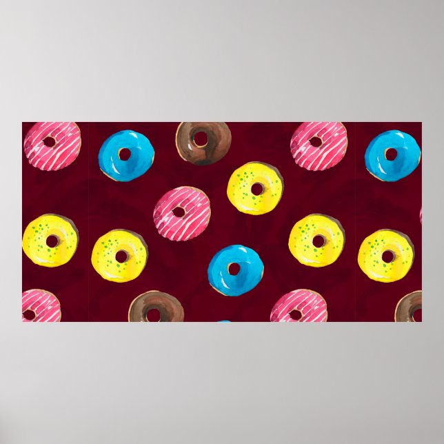 Seamless watercolor pattern with doughnuts on ruby poster (Front)