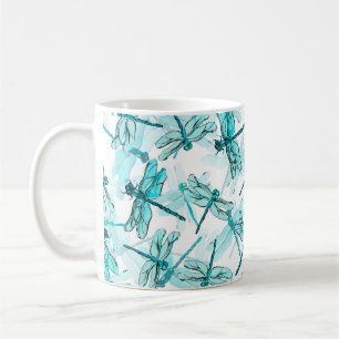 Seamless watercolor pattern with elegant dragonfly coffee mug