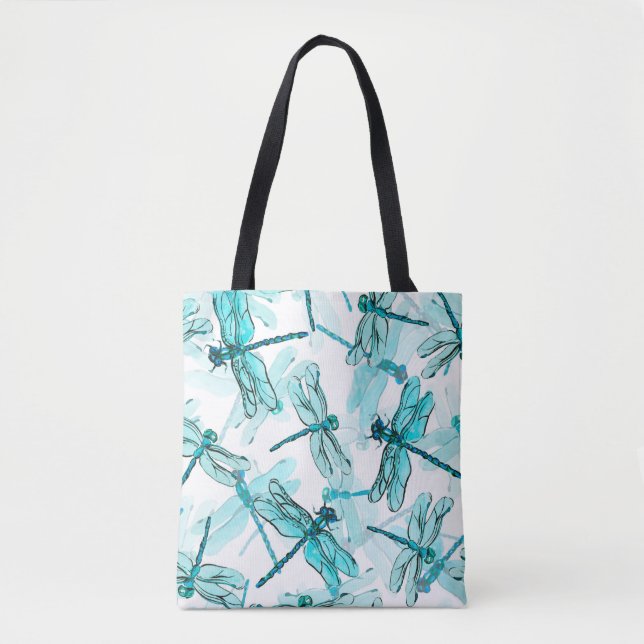 Seamless watercolor pattern with elegant dragonfly tote bag (Front)