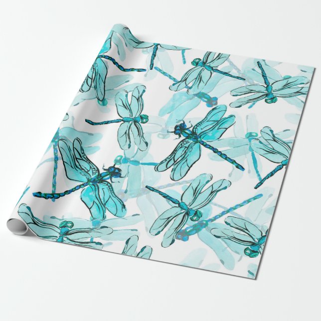 Seamless watercolor pattern with elegant dragonfly wrapping paper (Unrolled)