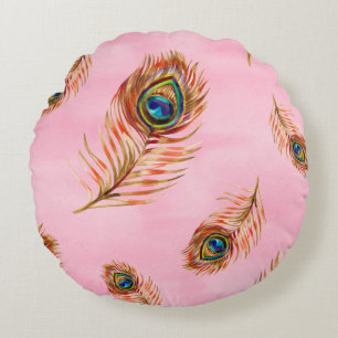Seamless watercolor pattern with gold peacock feat round cushion