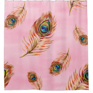 Seamless watercolor pattern with gold peacock feat shower curtain