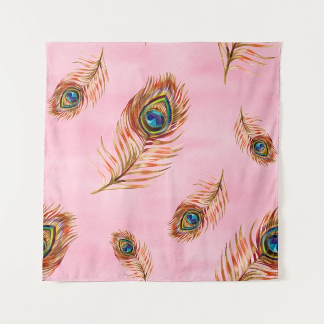 Seamless watercolor pattern with gold peacock feat tapestry (Front)