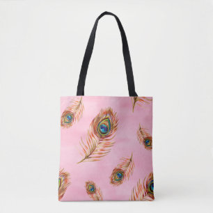 Seamless watercolor pattern with gold peacock feat tote bag