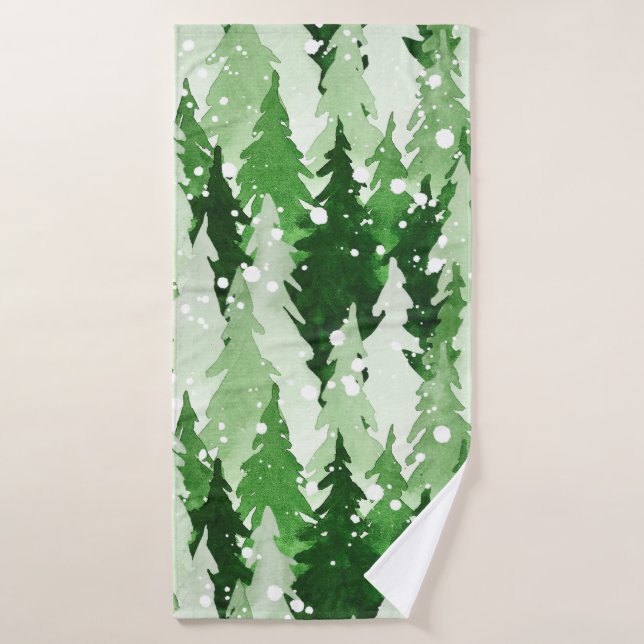 Seamless watercolor pattern with green pine trees  bath towel (Bath Towel)