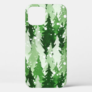 Seamless watercolor pattern with green pine trees iPhone 12 case
