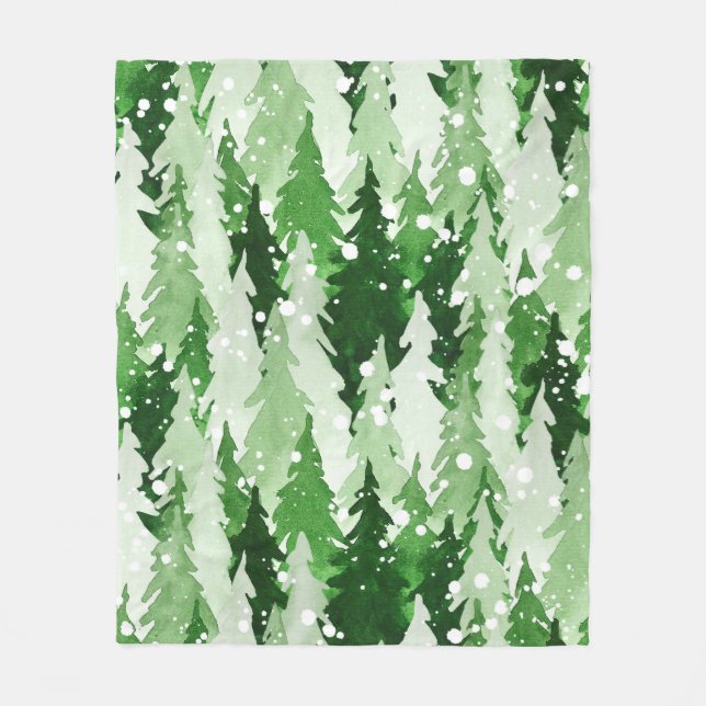 Seamless watercolor pattern with green pine trees  fleece blanket (Front)
