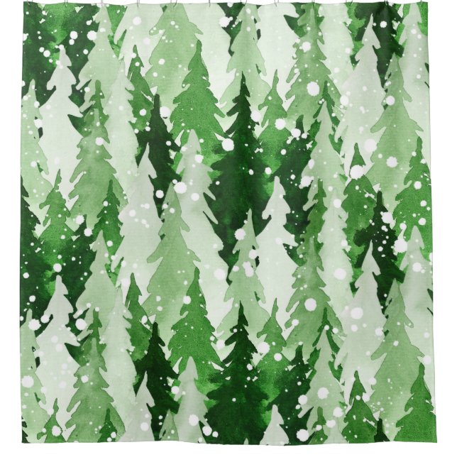 Seamless watercolor pattern with green pine trees  shower curtain (Front)