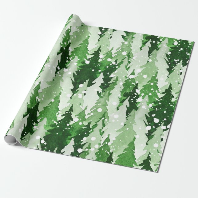 Seamless watercolor pattern with green pine trees  wrapping paper (Unrolled)